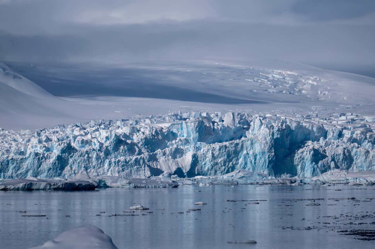 Glaciares en un paisaje nevado en la Antártida