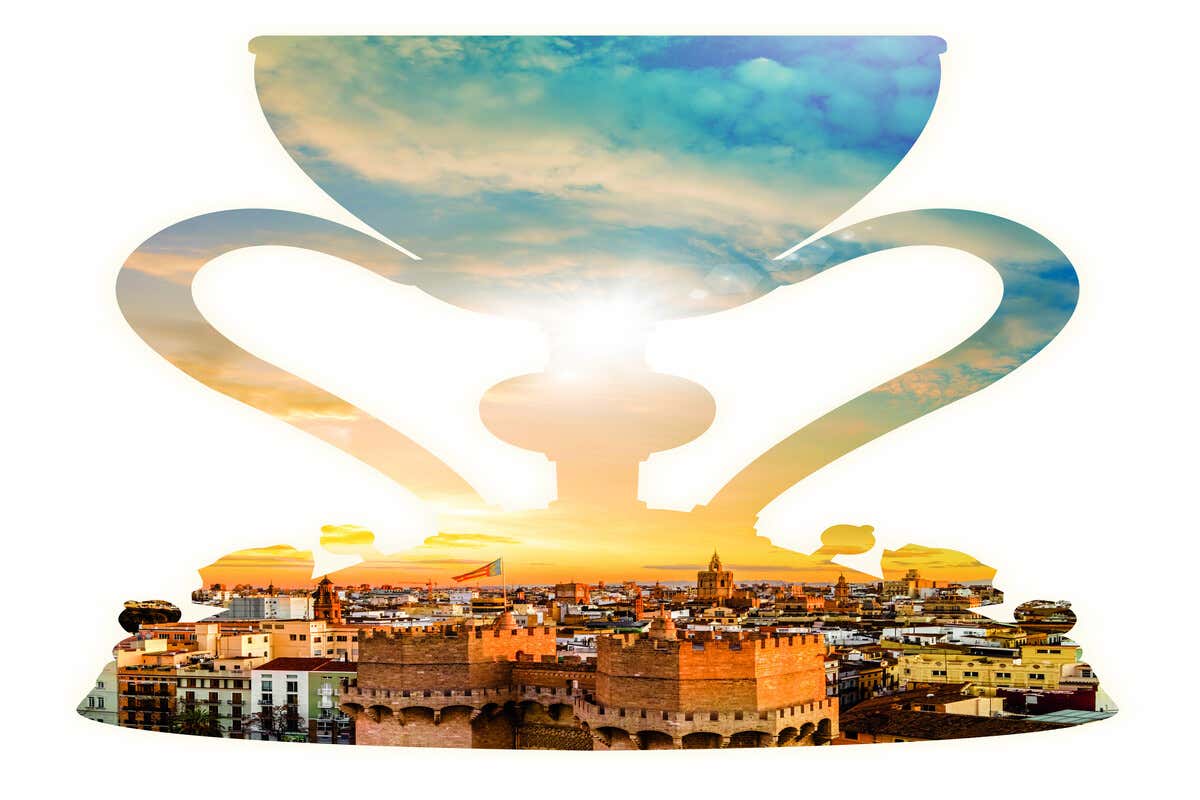 Montaje de un cáliz con la imagen de la ciudad de Valencia de fondo