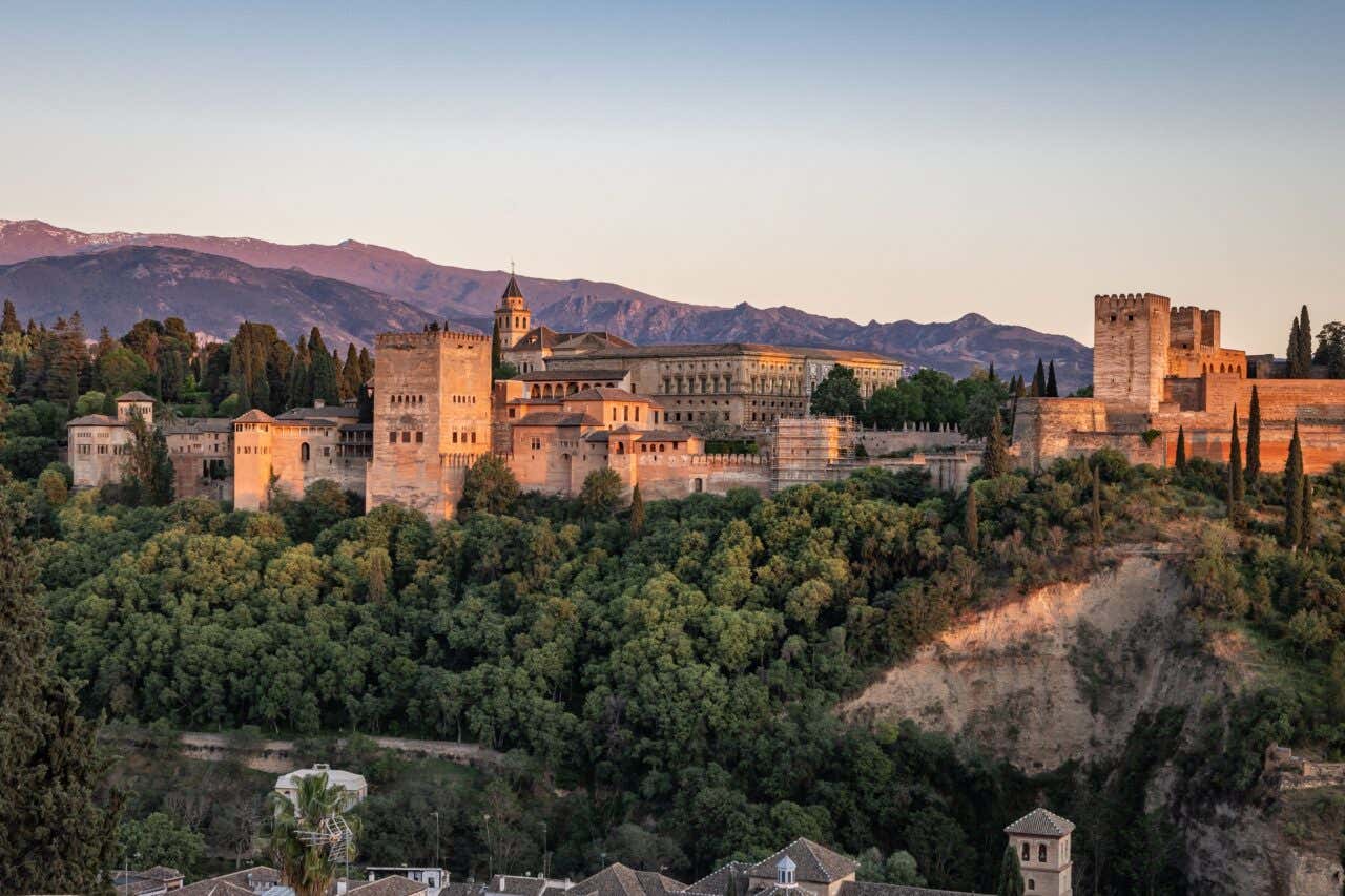 The Alhambra in Granada at sunset.