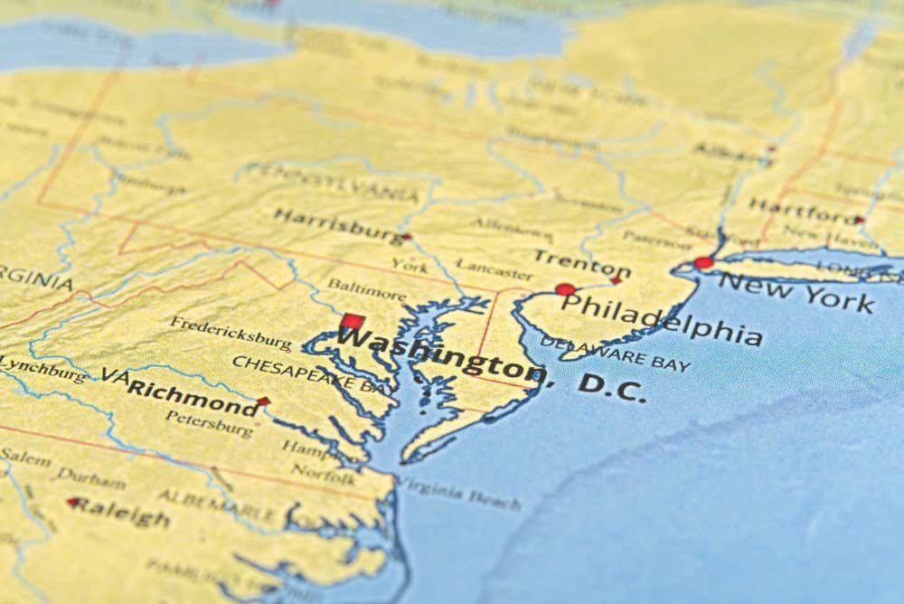 Cartina degli Stati Uniti settentrionali con particolare focus su New York e Washington DC