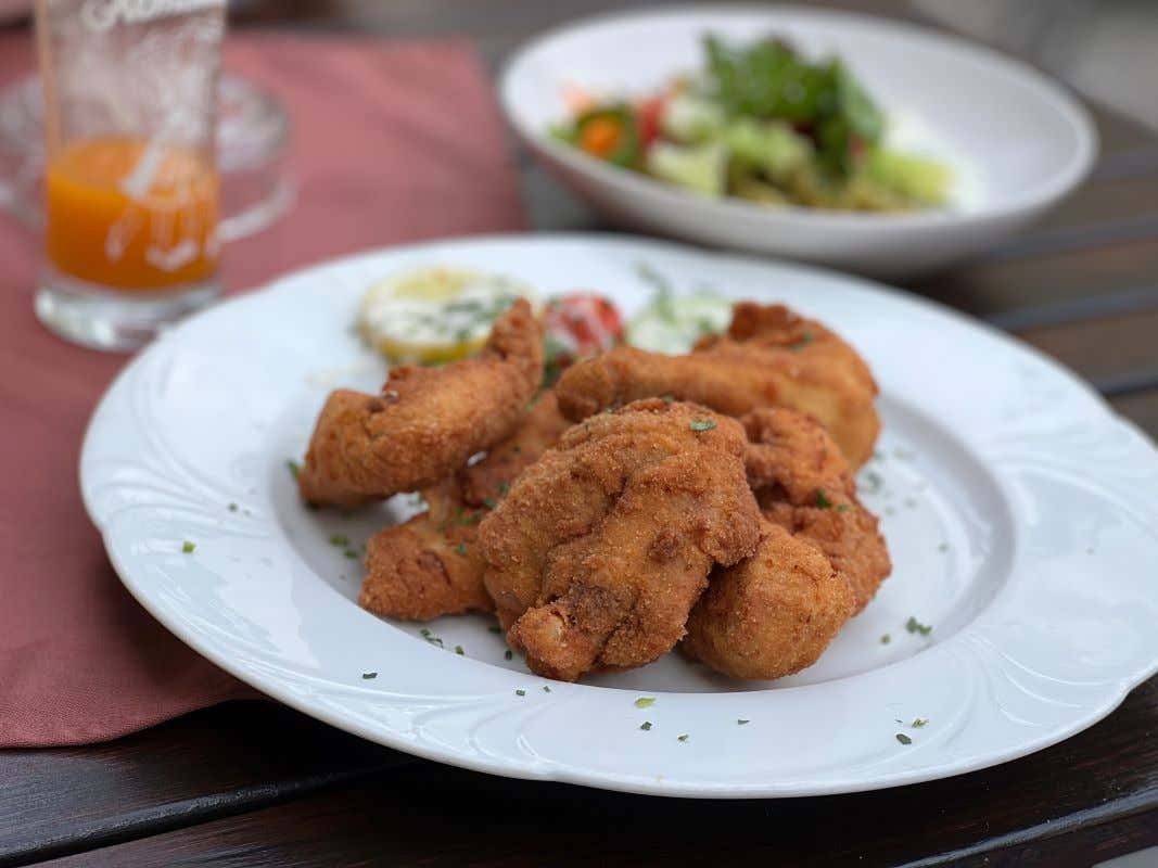 Plato de color blanco donde se ven varios trozos de pollo empanado