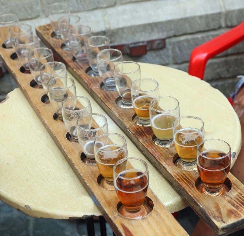 Mesa con dos filas de diferentes tipos de cerveza durante una cata