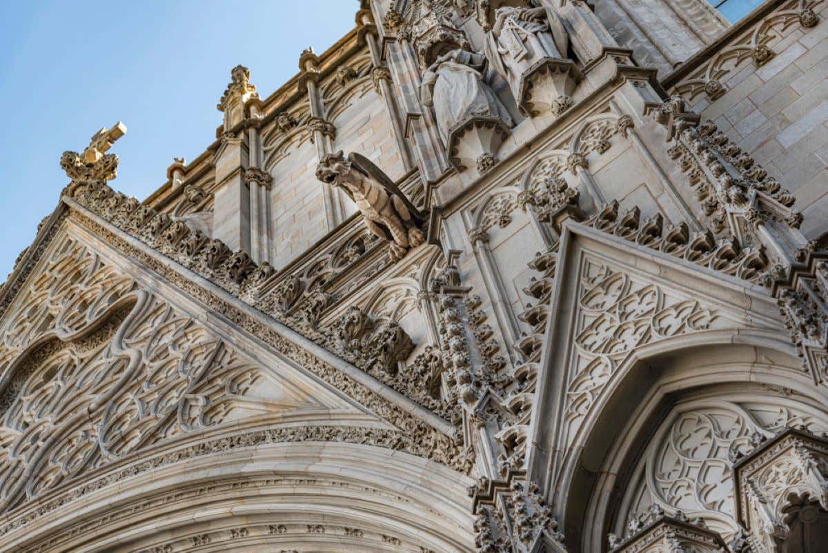 Details of the ornate facade of the Barcelona Cathedral in the Gothic Quarter.