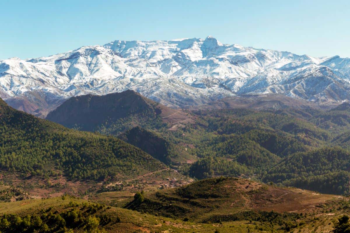 Views of the Ourika Valley with a small village in High Atlas Mountains, Morocco.
