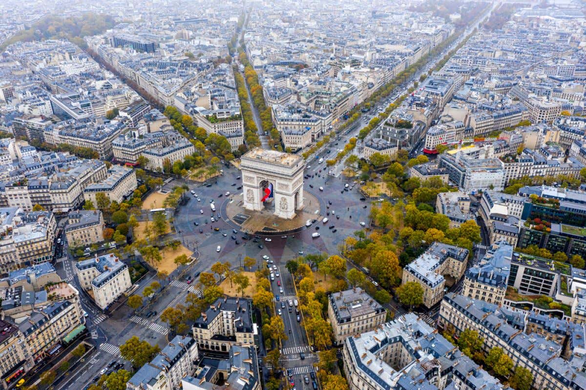 Aerial view of the Arc de Triomphe in Paris.