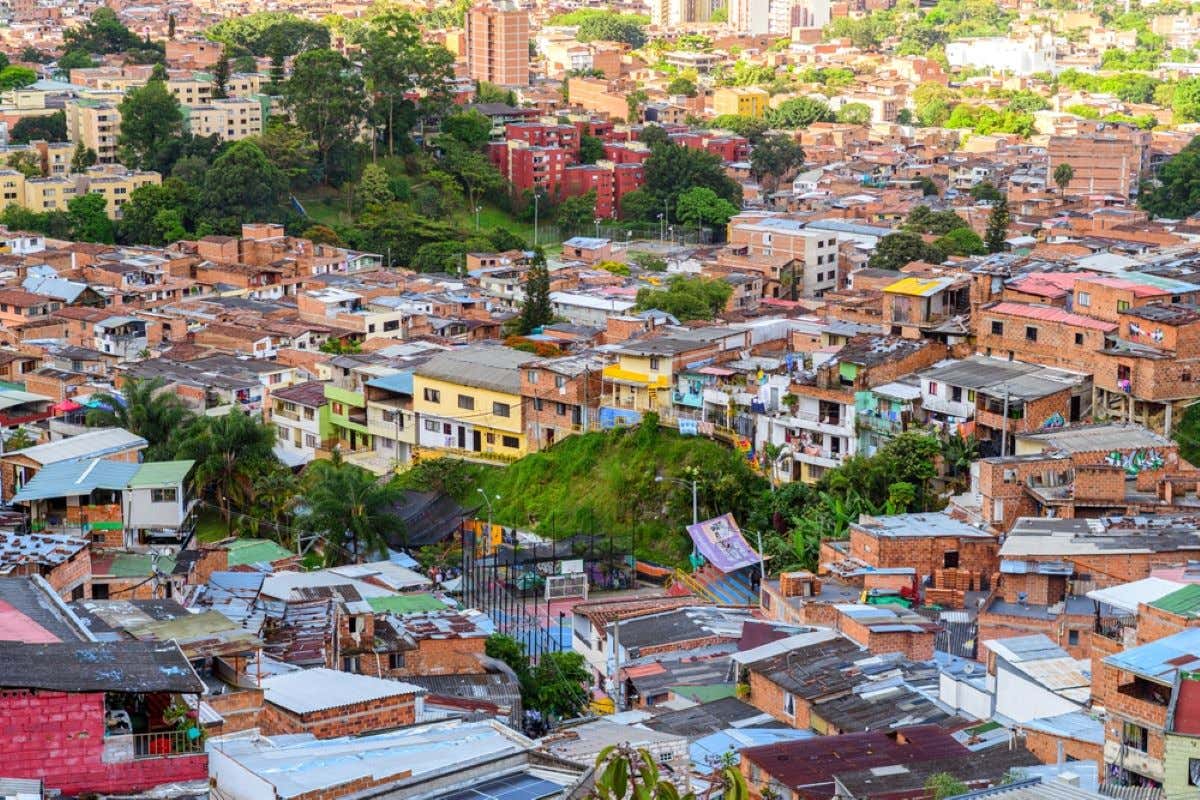 Aerial view of the colorful Comuna 13 in Medellín.