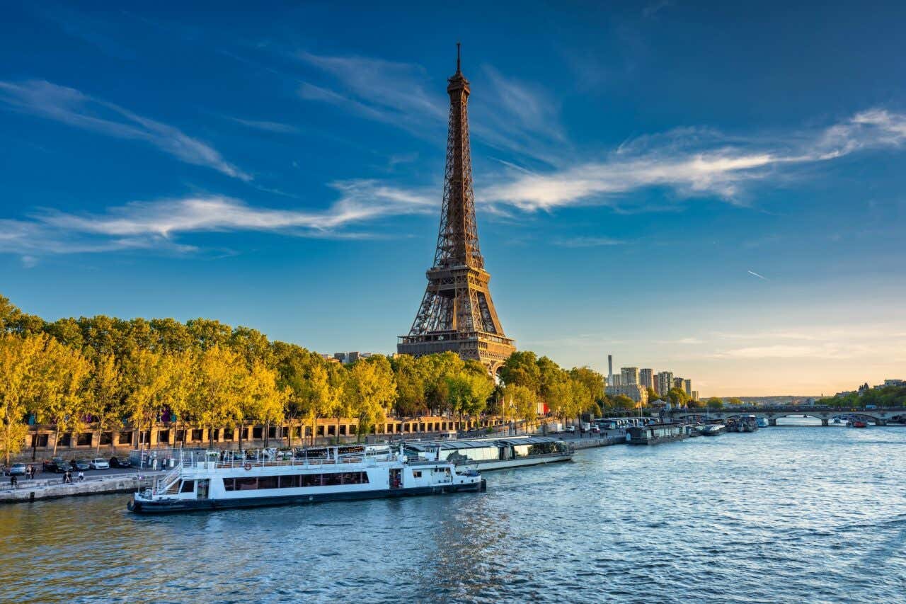 Eiffel Tower by the Seine River in Paris.