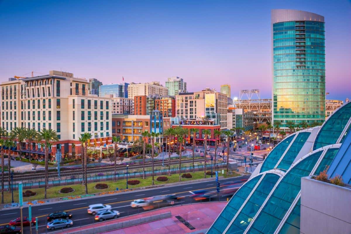 The Gaslamp Quarter in San Diego in the evening.