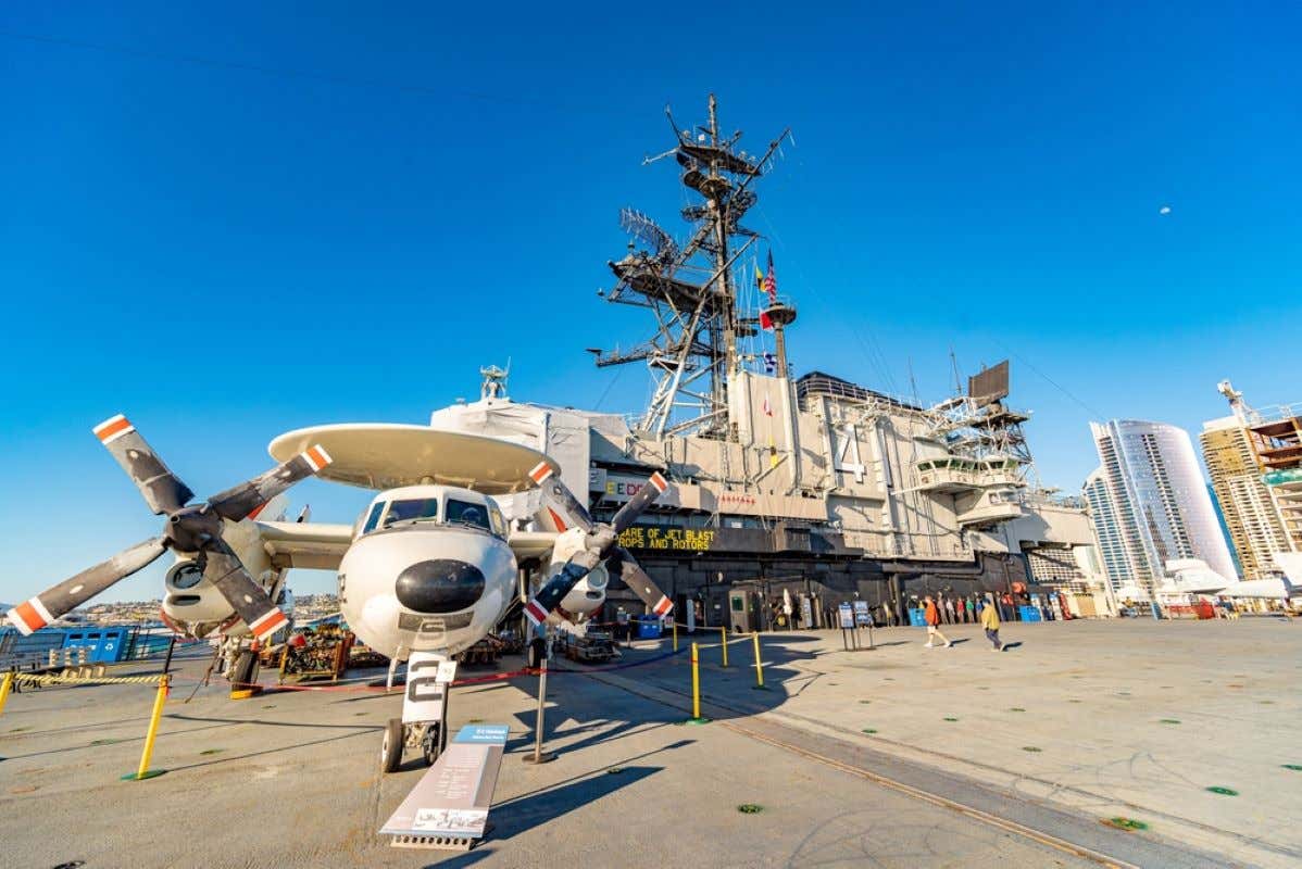 Views of an aircraft in the USS Midway Museum in San Diego, California.