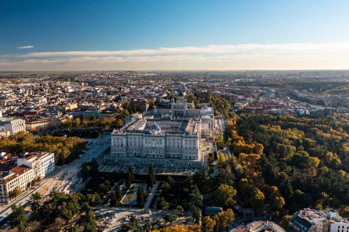 Aerial view of the Royal Palace of Madrid.