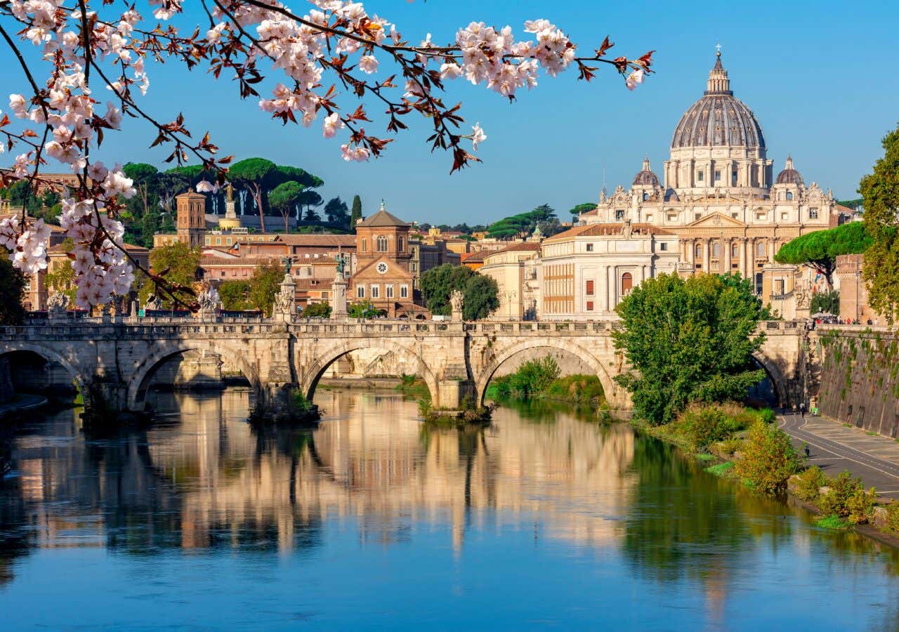 St Peter's Basilica as seen from the River with a blooming tree overhead.