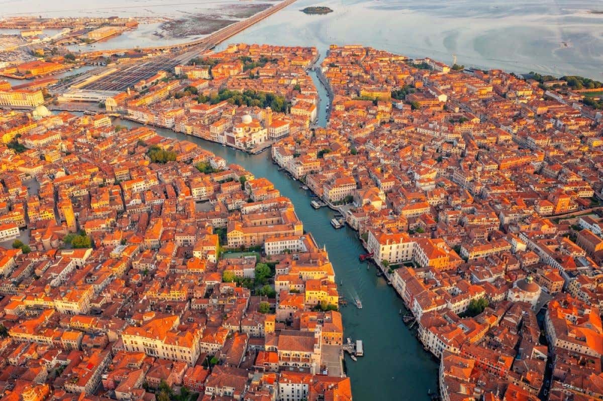 Aerial view of Venice and its canals.