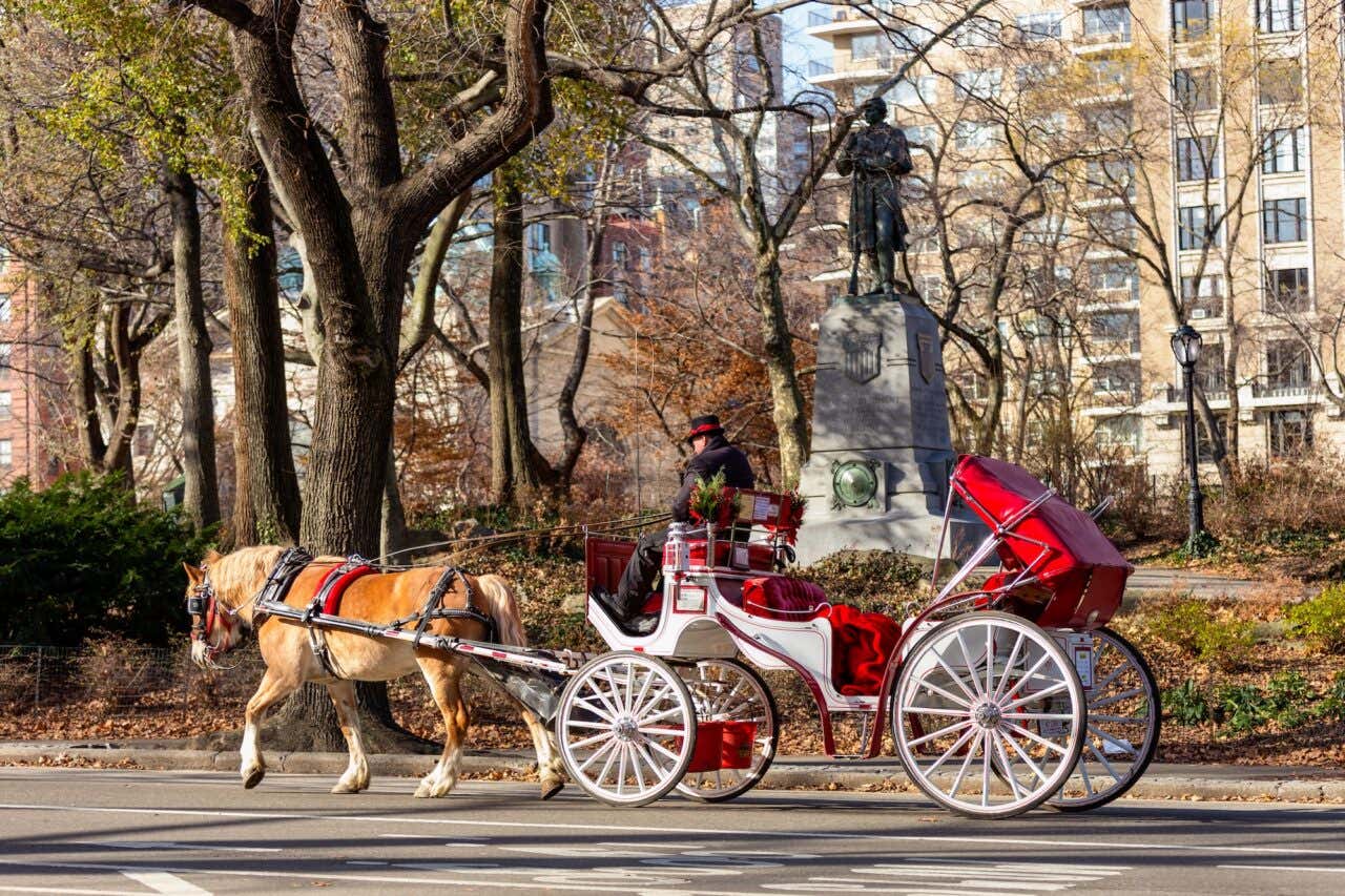 Uma carruagem branca e vermelha puxada por um cavalo marrom no Central Park