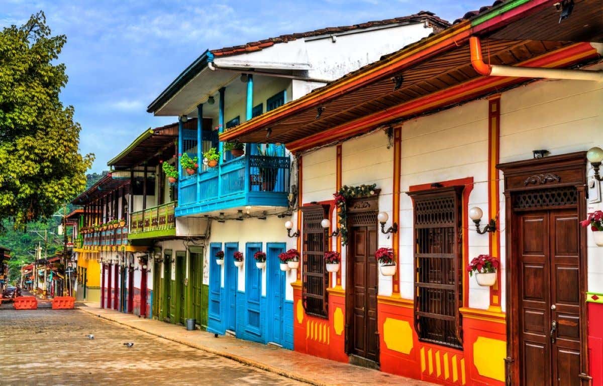 Colorful houses with balconies in the town of Jardín, Colombia.