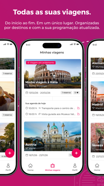 A tela de um celular mostrando o aplicativo da Civitatis com a frase “Todas as suas viagens”