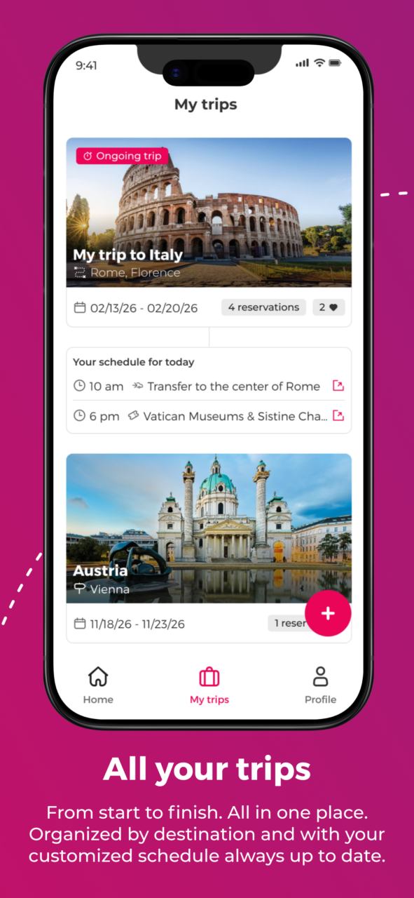 Photo of a cell phone displaying the new Civitatis app and the text “All your trips”