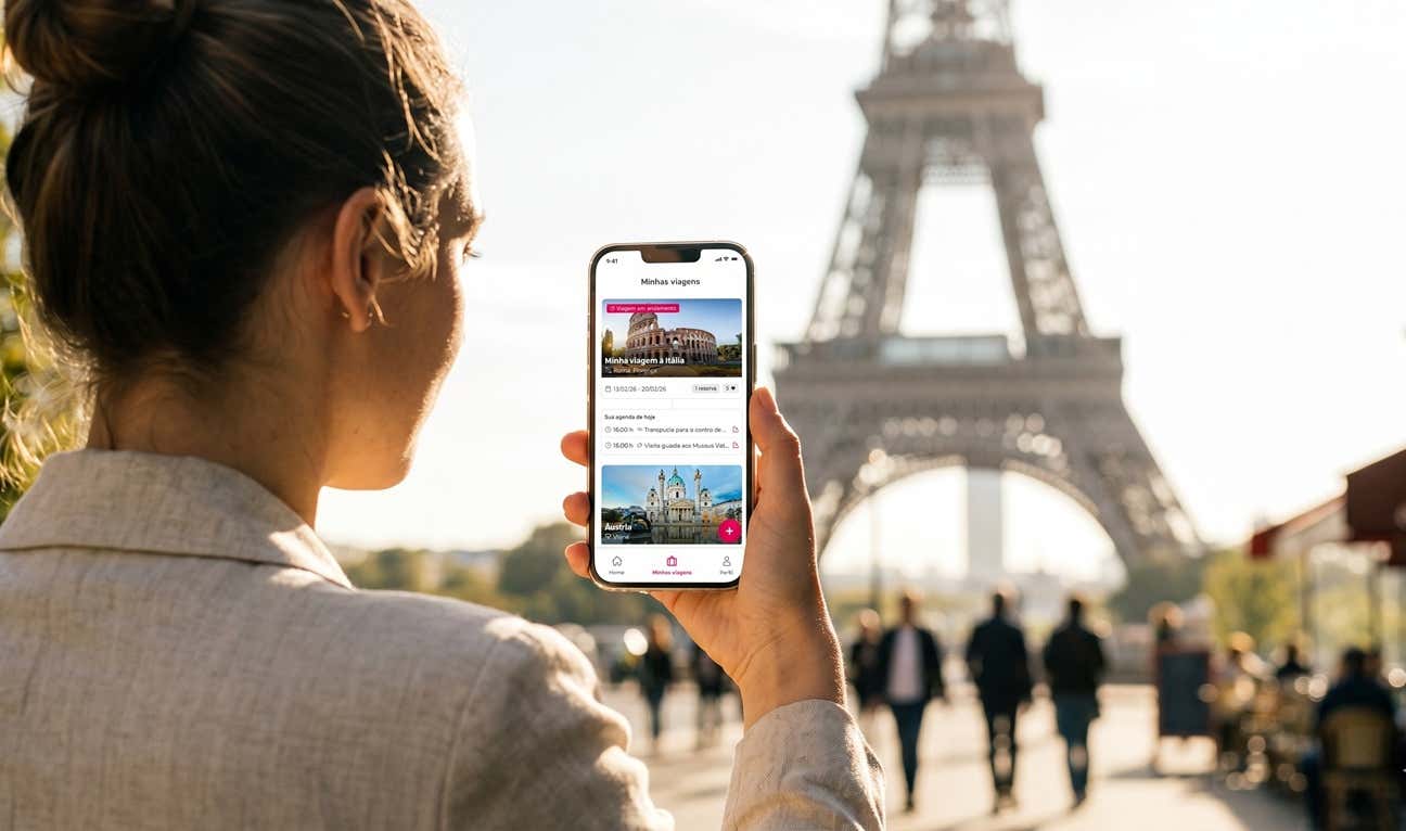 Mulher de costas olhando para a tela do celular com o aplicativo da Civtatis na tela e a Torre Eiffel no fundo