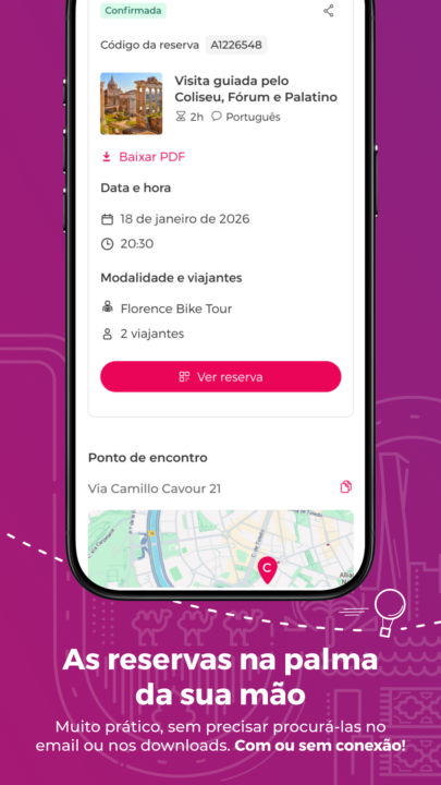 Foto de um celular com o novo app da Civitatis e a frase "Suas reservas na palma da mão"