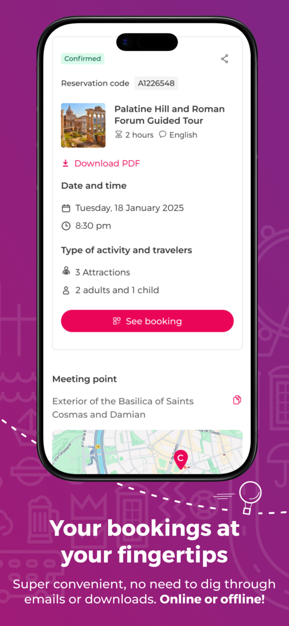 Photo of a cell phone displaying the new Civitatis app and the text “Your bookings at your fingertips”