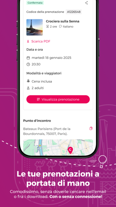 Foto di un cellulare con la nuova app di Civitatis e la scritta Le tue prenotazioni a portata di mano