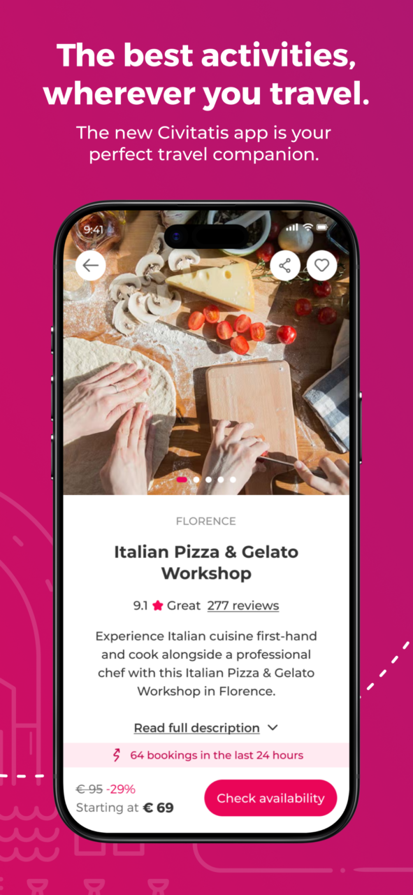 A screenshot of a cell phone showing the Civitatis app and the text “The best activities, wherever you travel”