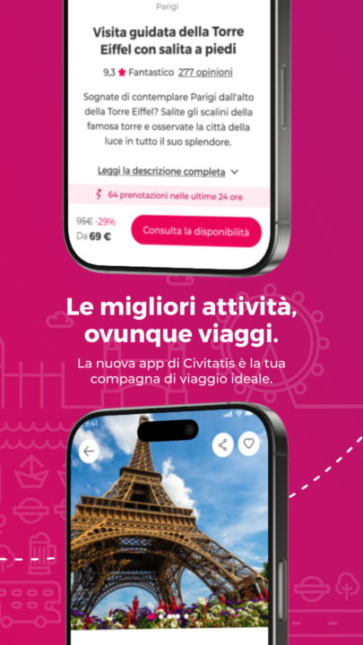 La schermata  di un telefono cellulare in cui si vede la app di Civitatis e la scritta Le migliori attività, dovunque viaggi