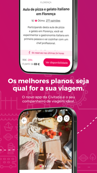 A tela de um celular mostrando o aplicativo da Civitatis com a frase “As melhores atividades, onde quer que você viaje”