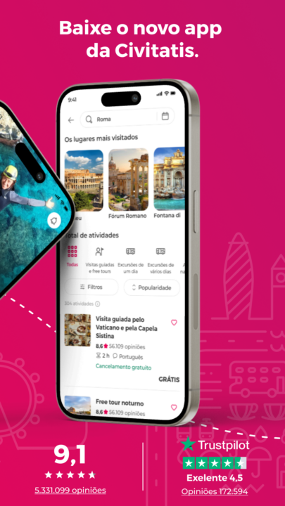 Banner do aplicativo da Civitatis com a tela de um celular e a frase “Baixe o novo app da Civitatis”