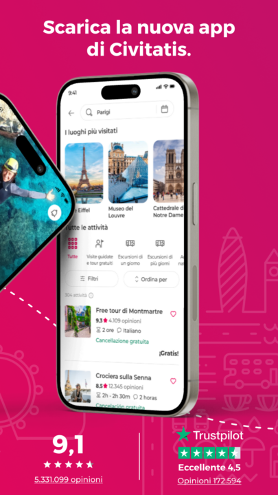 Banner della app Civitatis con una schermata di un telefono cellulare e la scritta Scarica la nuova app di Civitatis