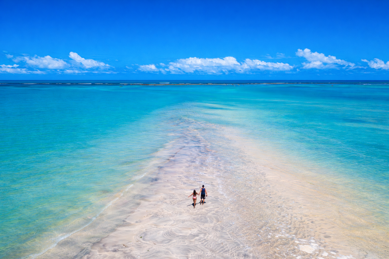 Duas pessoas caminhando pelo Caminho de Moises em Maragogi
