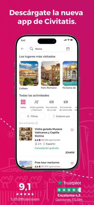 Un teléfono móvil con la nueva aplicación de Civitatis en su pantalla