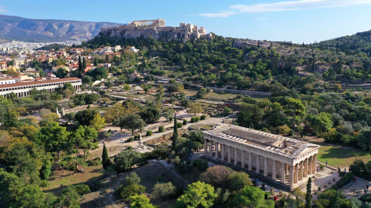 Agora of Athens seen from above with the Acropolis visible in the background.