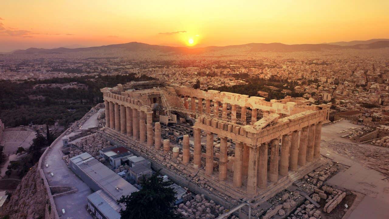 The Acropolis of Athens with the setting sun behind.
