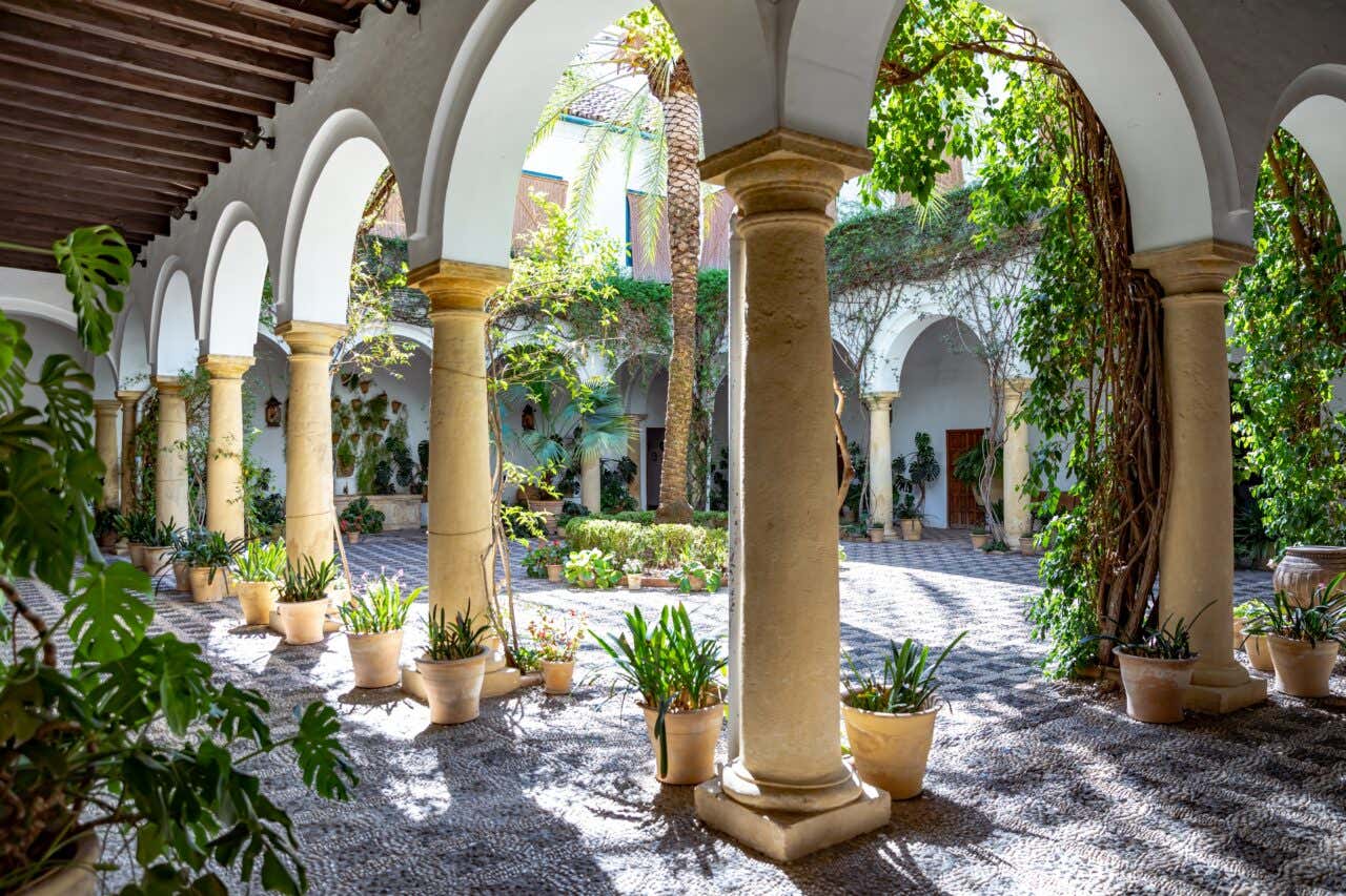 Scorcio di un patio di Cordova con porticato e molti vasi di fiori e piante rampicanti