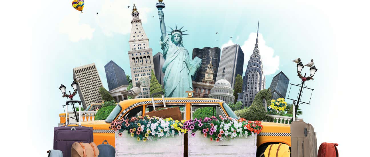 Infgrafía mostrando la Estatua de la Libertad, los taxis amarillos, varios rascacielos y otros iconos de Nueva York