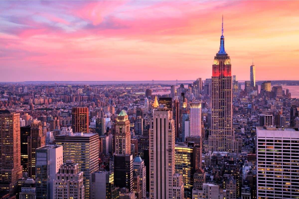Views of New York City with the Empire State Building at sunset.