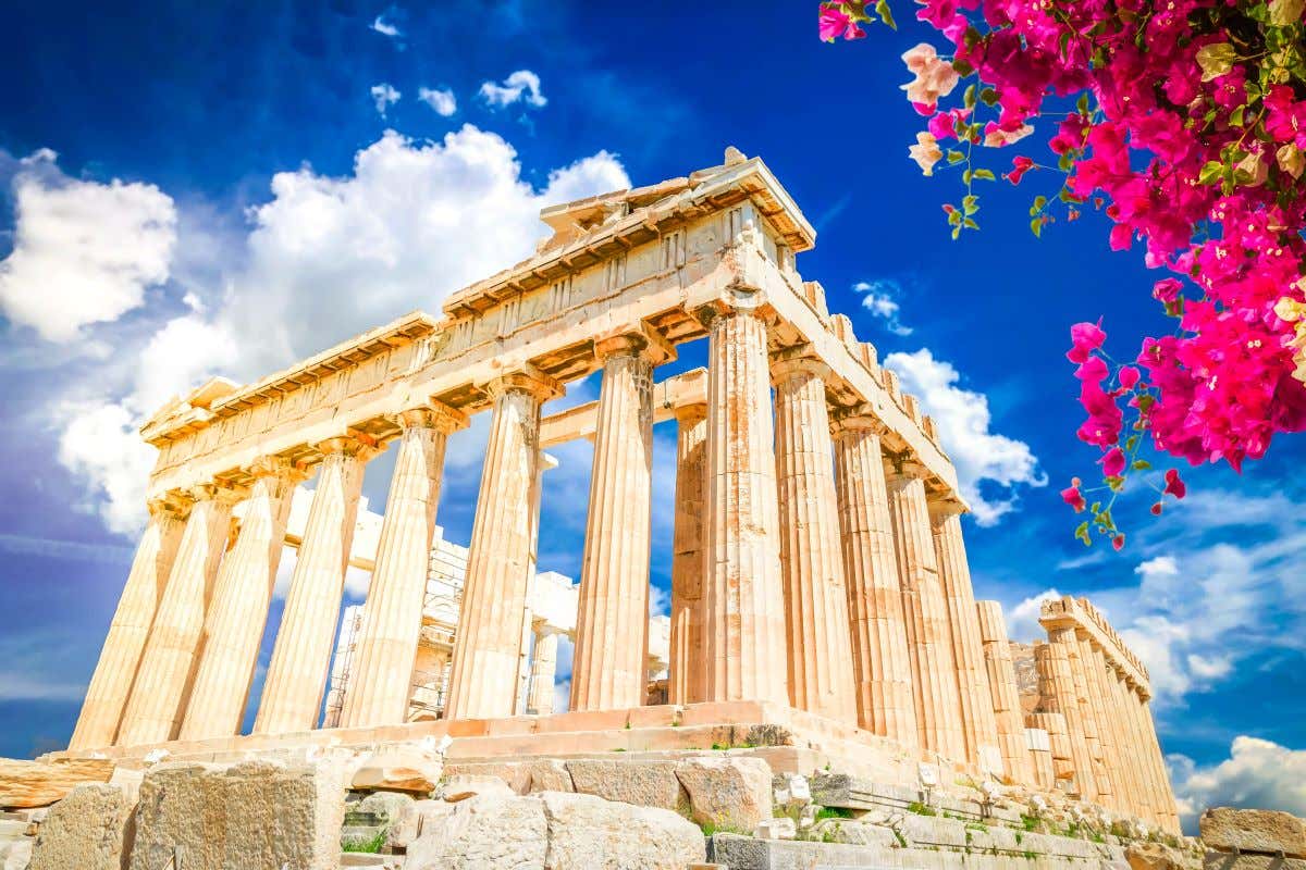Vistas del Partenón, un emblemático templo griego está situado en la cima de la Acrópolis de Atenas con unas flores rosas en primer plano