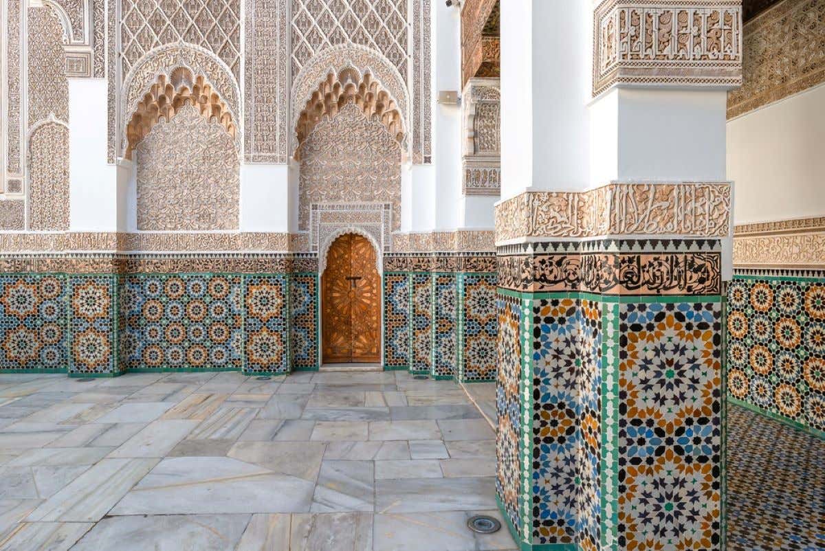 Details of the Ben Youssef Madrasa in Marrakech.