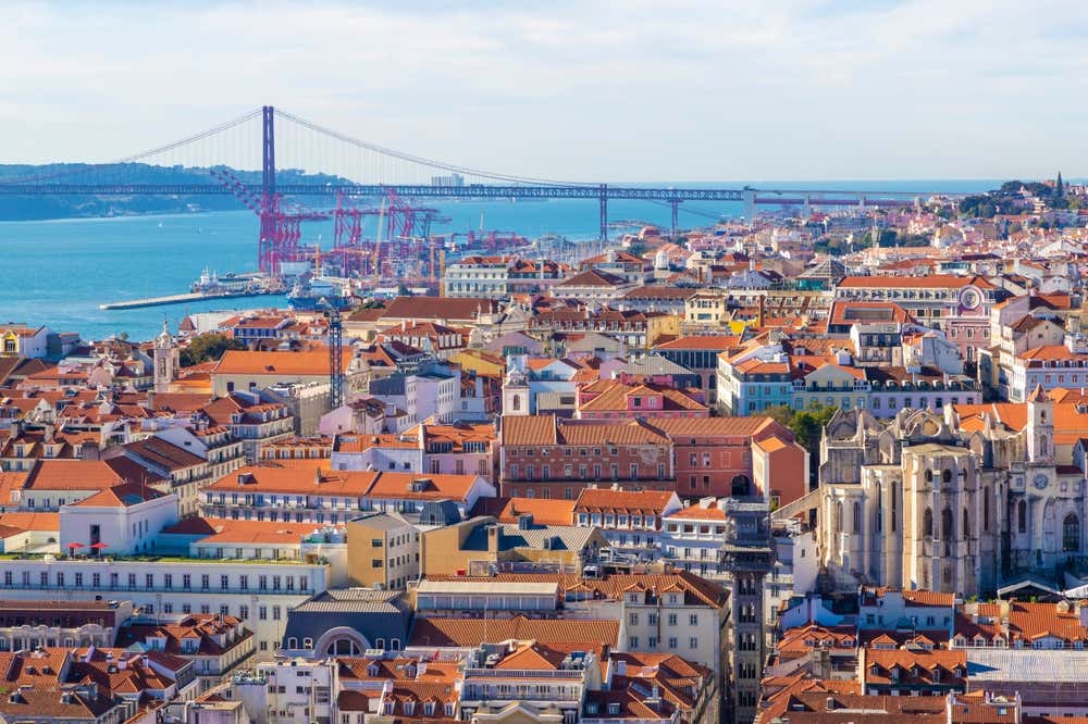 Panoramic view of the Baixa, Chiado, Bairro Alto and Alcântara neighborhoods in Lisbon