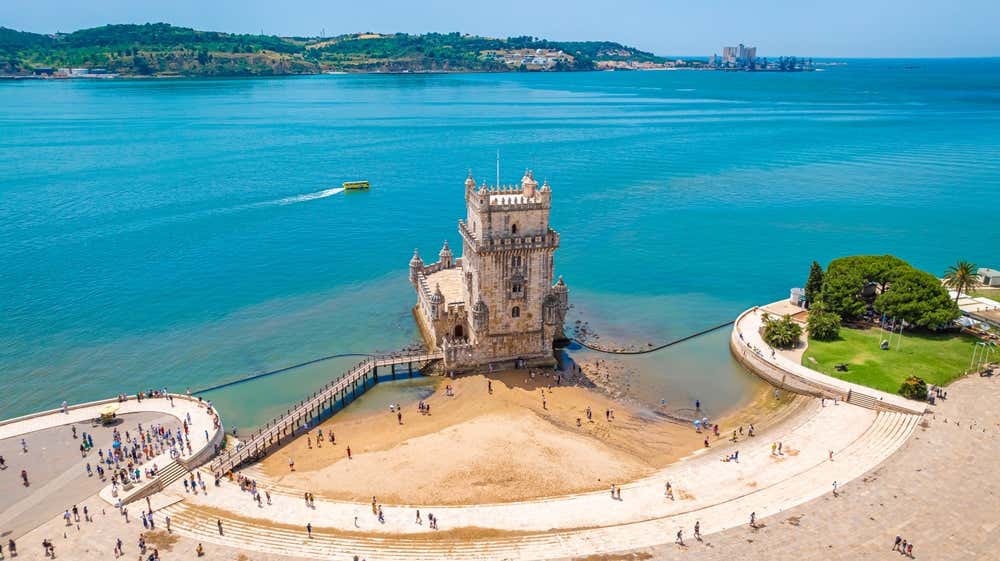 Belém Tower in Lisbon and the Tagus river seen from above