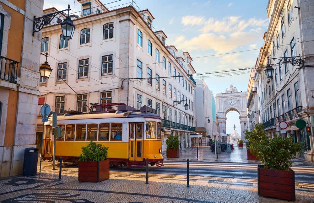 Tram passing through Rua Augusta in Lisbon