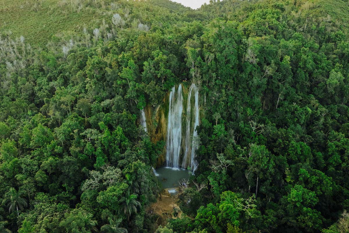 Vista aérea de El Limón, una cascada de Samaná, en República Dominicana, rodeada de una frondosa vegetación tropical