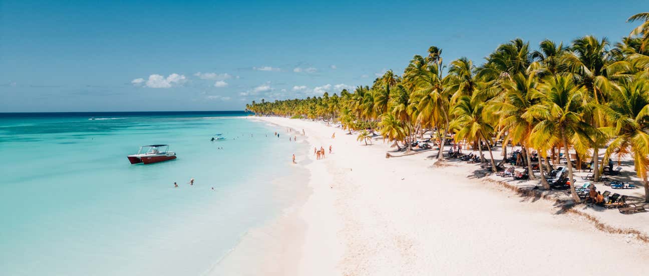 Vista de una playa de aguas turquesas, arena blanca y palmeras en Samaná