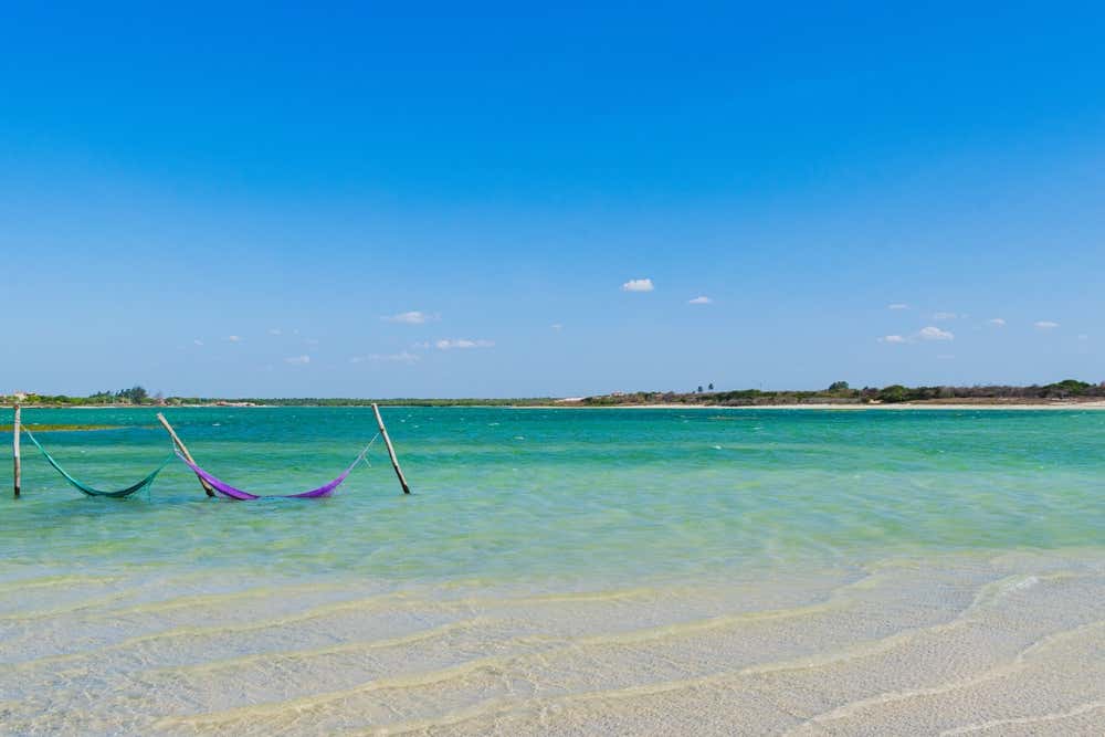 Vista da Lagoa Paraíso, em Jericoacoara, no Ceará, com águas cristalinas em tons de azul e verde, areia branca e vegetação ao redor, formando uma paisagem tropical no Brasil
