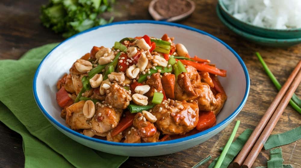 Prato de frango Kung Pao preparado com cubos de frango salteados, amendoins torrados, pimentões, cebolinha e pimentas secas, envolvidos em um molho escuro e levemente picante, servido em um prato branco