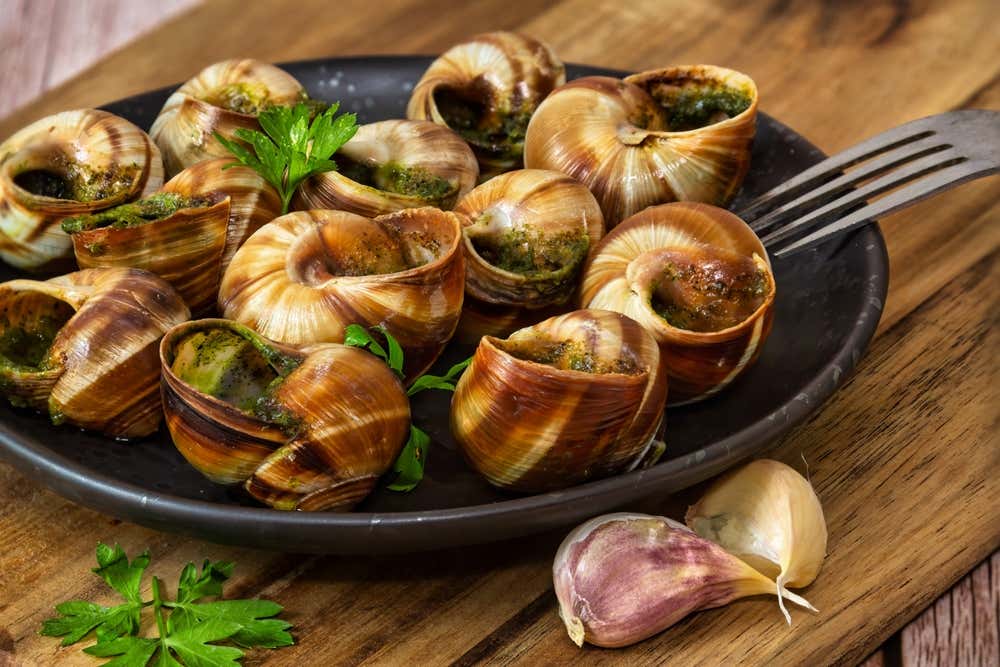 Escargots de Bourgogne, tradicional prato francês de caracóis preparados com manteiga, alho e ervas aromáticas