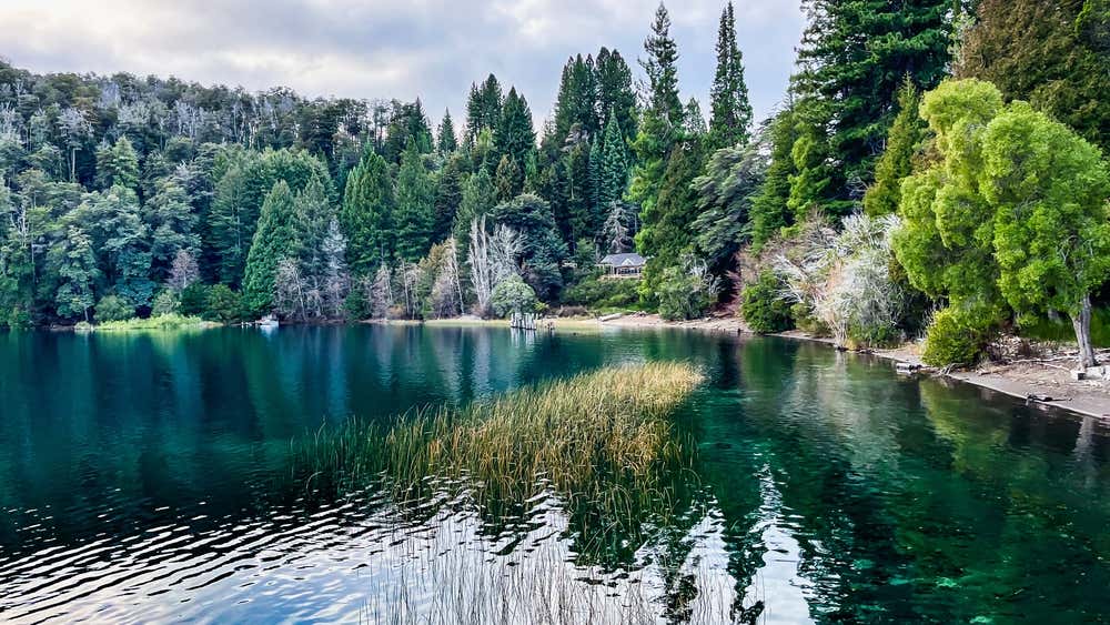 Paisagem da Isla Victoria e do Bosque de Arrayanes, em Bariloche, na Patagônia Argentina, com montanhas ao fundo, vegetação nativa e as águas cristalinas do lago Nahuel Huapi compondo um cenário de grande beleza natural