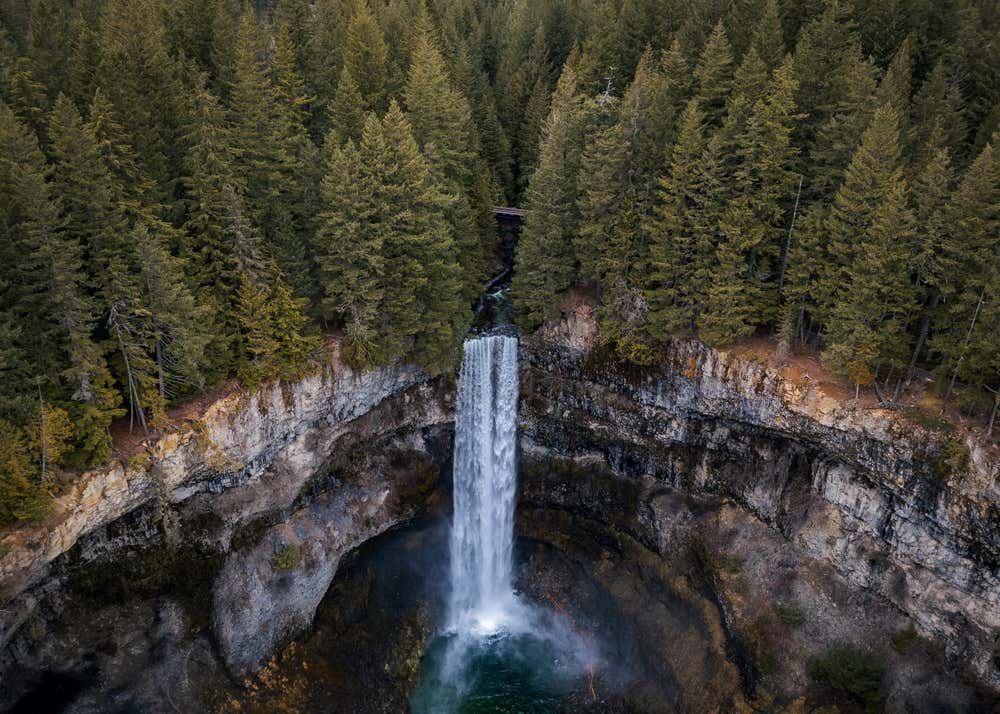 A large waterfall in Whistler, British Columbia with large pine trees on top.