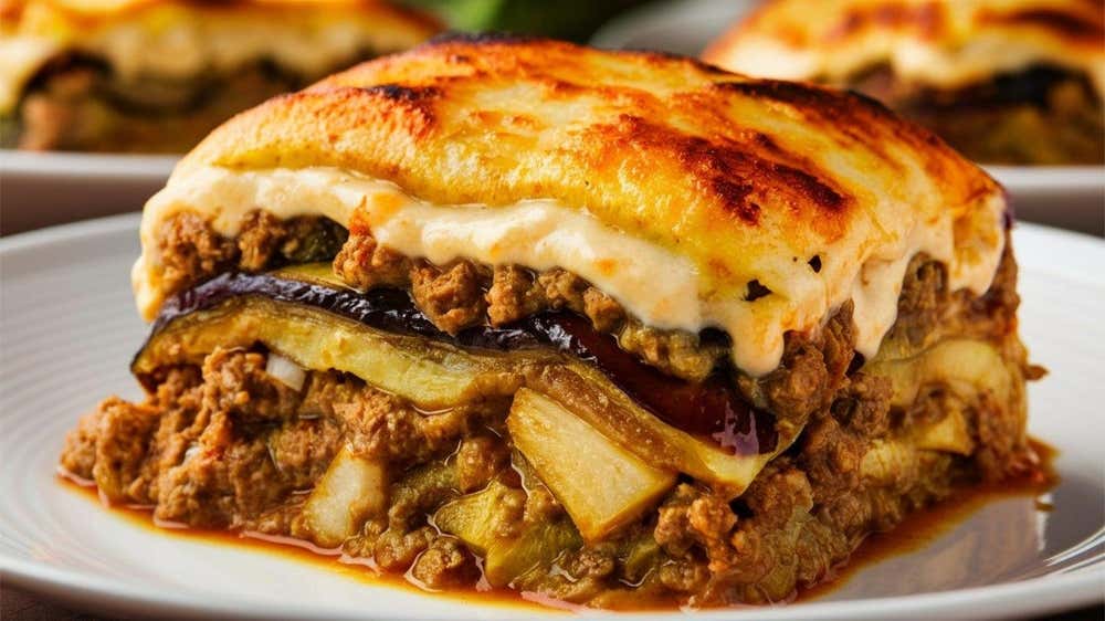 Primo piano ravvicinato di una porzione quadrata di moussaka greca tradizionale servita su un piatto bianco. Lo scatto cattura i vari strati: una base di melanzane fritte, uno spesso strato centrale di ragù di carne e una ricca copertura di besciamella gratinata, dorata e bruciacchiata in superficie. La consistenza della carne e il colore della salsa sono ben visibili