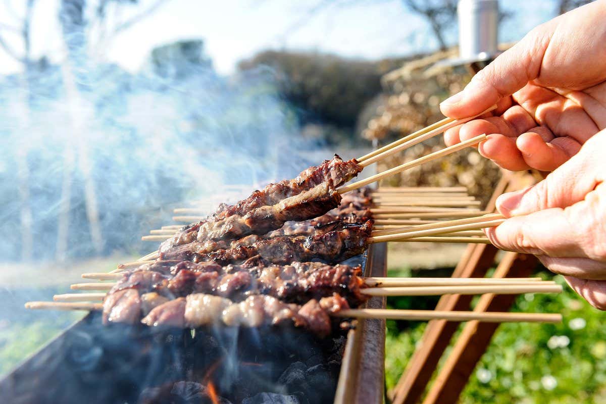 Manos sujetando brochetas de carne a la brasa sobre parrilla al aire libre